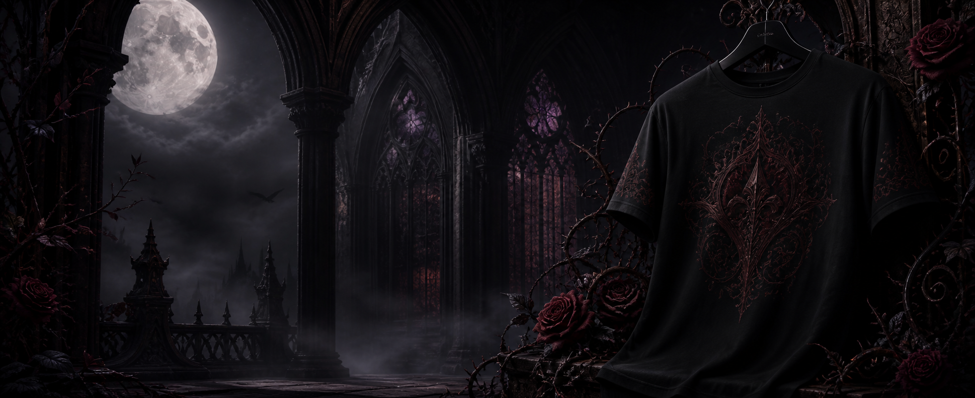 Dark Gothic cathedral and black T-shirt collection backdrop