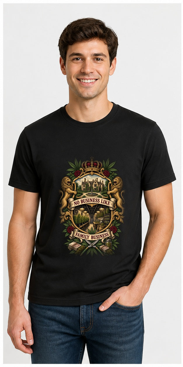 No Business Like Family Business Black T-Shirt worn by a model, corrected front print placement