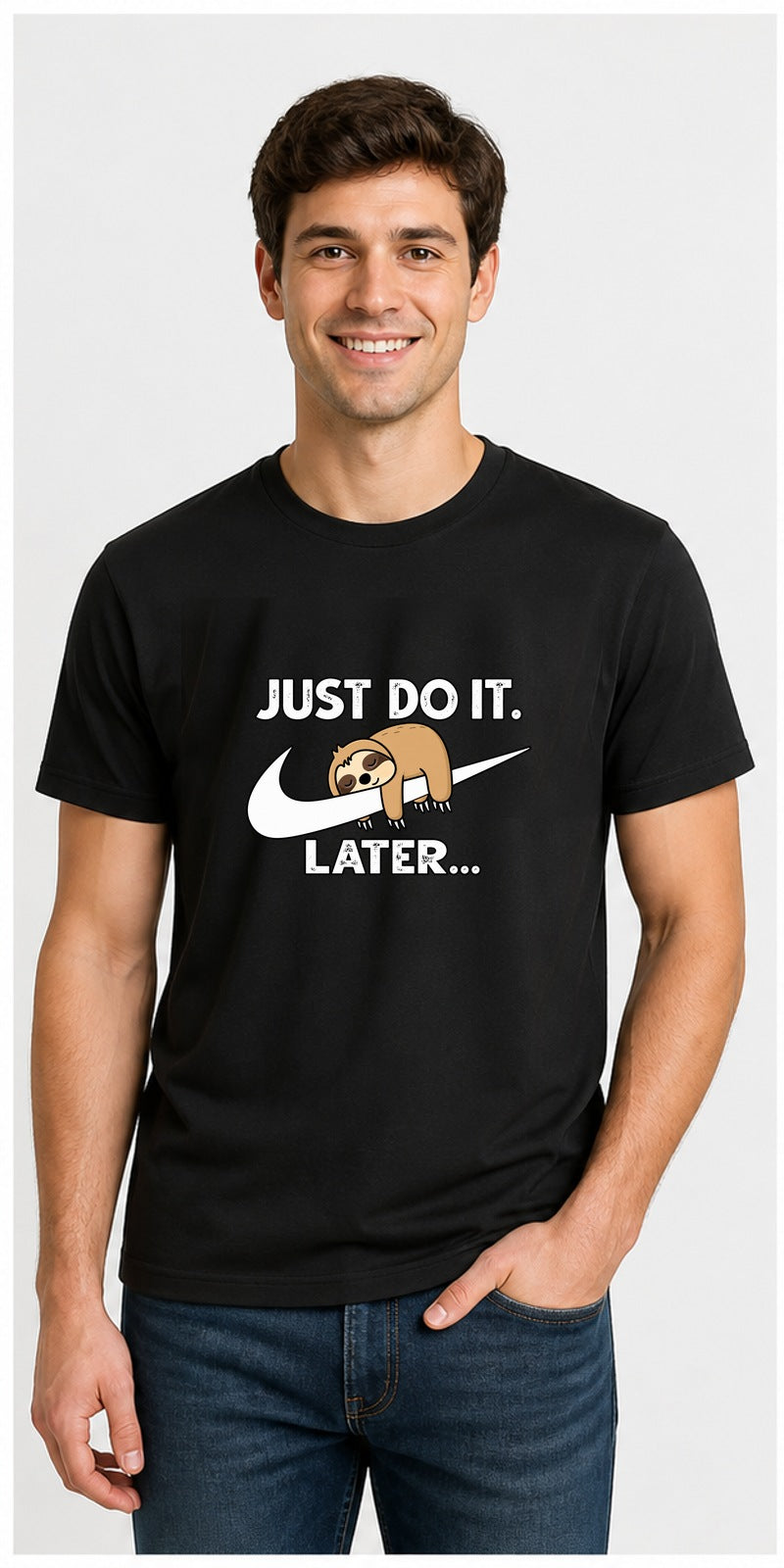 Just Do It Later Sloth Black T-Shirt model mock-up