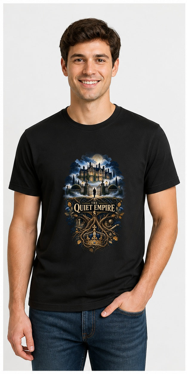 The Quiet Empire Black T-Shirt worn by a model, corrected front print placement