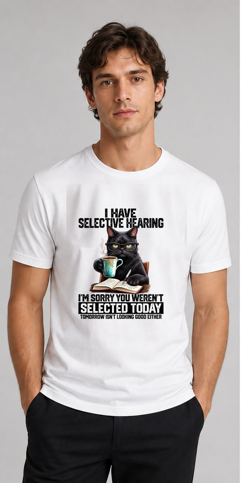 Selective Hearing Cat White T-Shirt model mock-up