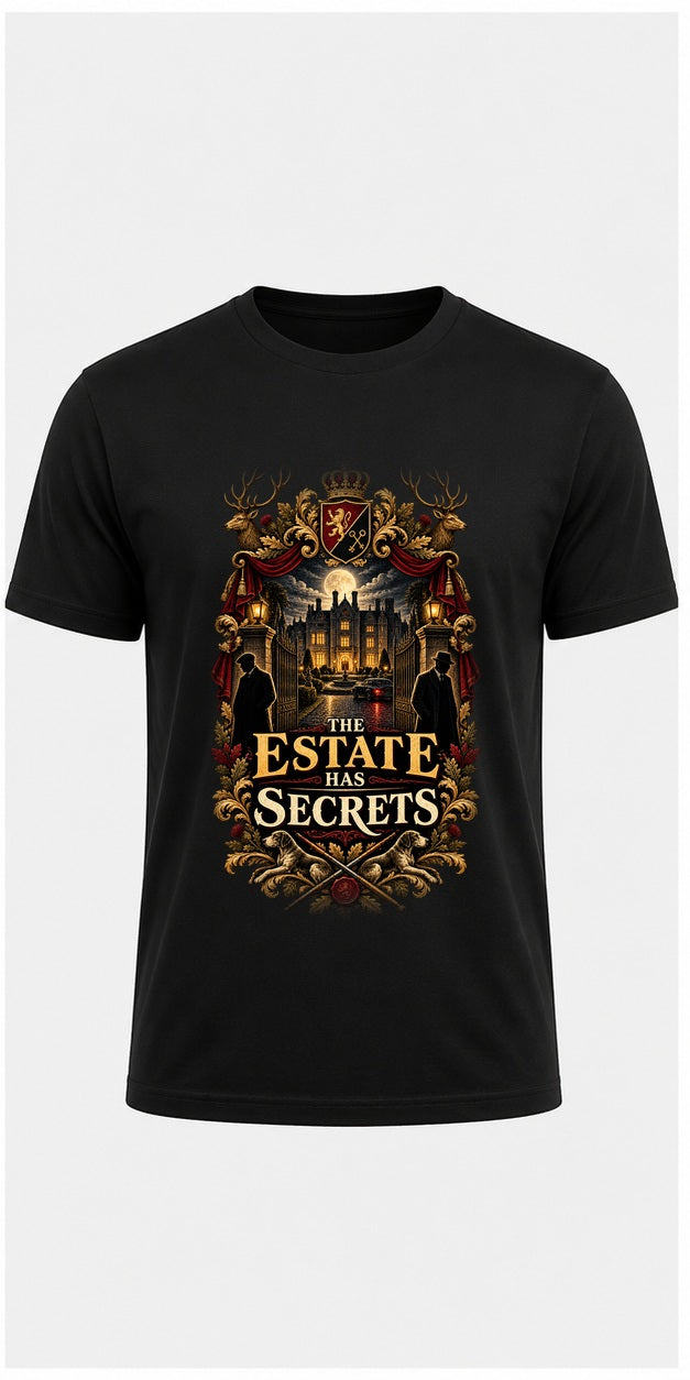 The Estate Has Secrets Black T-Shirt standalone mockup, matching corrected front print placement