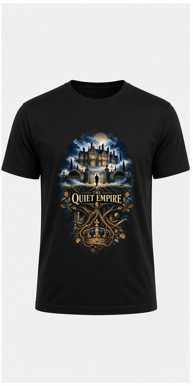 The Quiet Empire Black T-Shirt standalone mockup, matching corrected front print placement