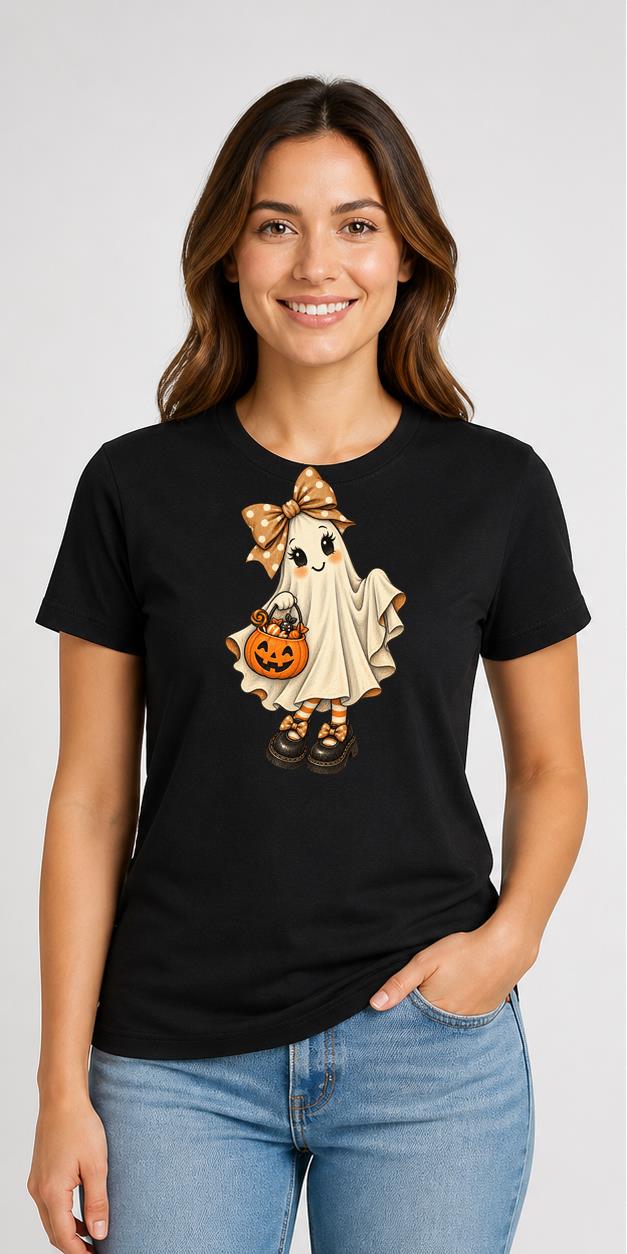 Cute Bow Ghost Halloween Black T-Shirt model front