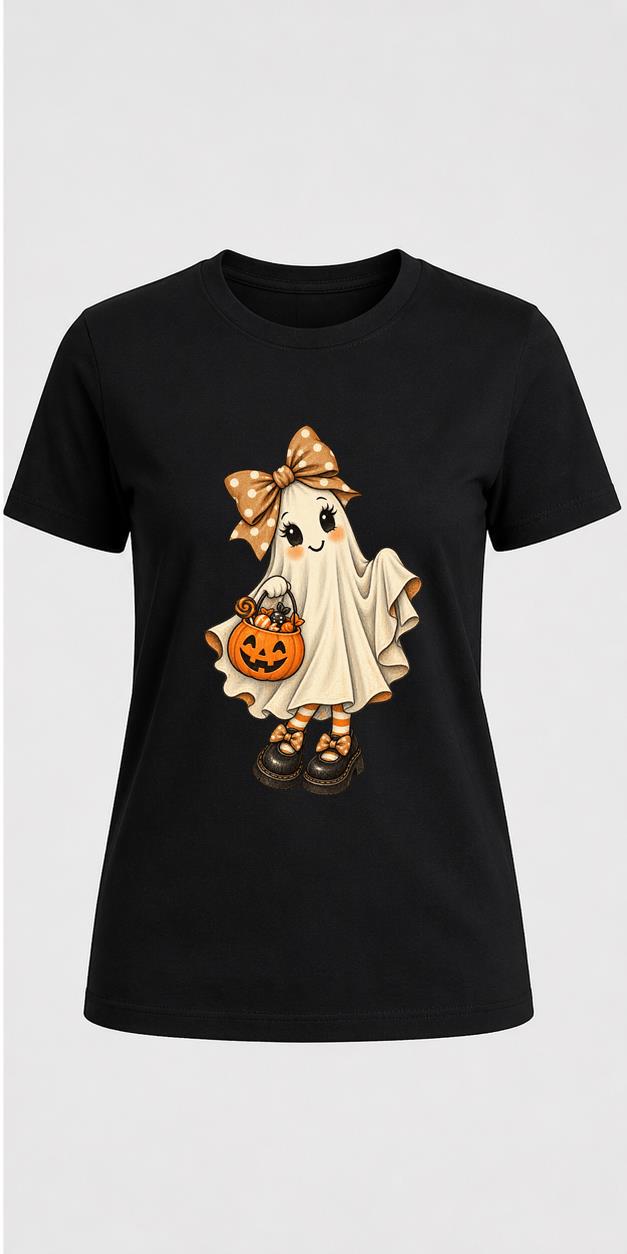 Cute Bow Ghost Halloween Black T-Shirt front