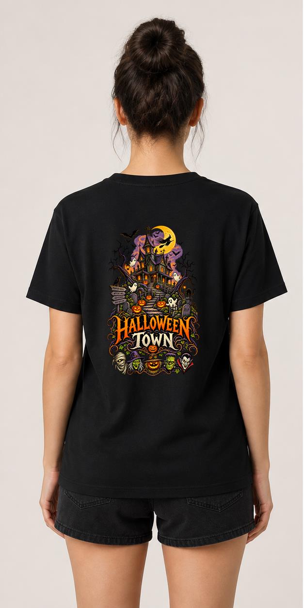 Halloween Town black T-shirt woman model back