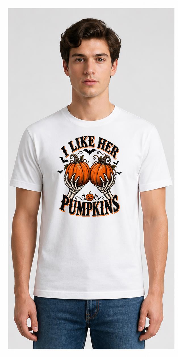 I Like Her Pumpkins Halloween white T-shirt model front