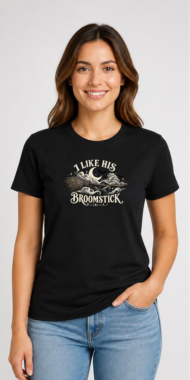 Woman wearing I Like His Broomstick Halloween black T-shirt front