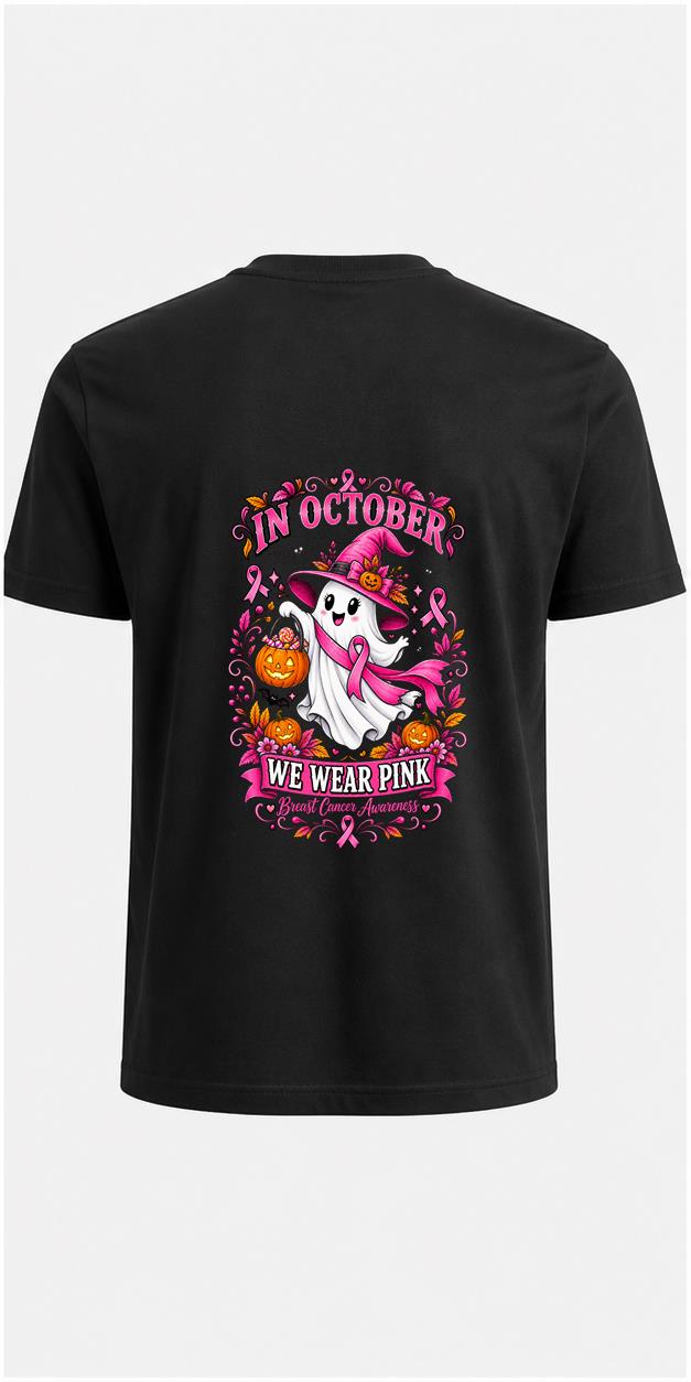 In October We Wear Pink Halloween black T-shirt back