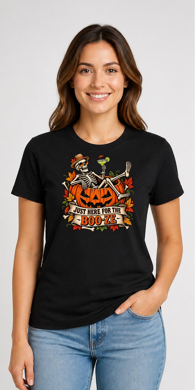 Just Here For The Boo-ze Halloween Black T-Shirt model front