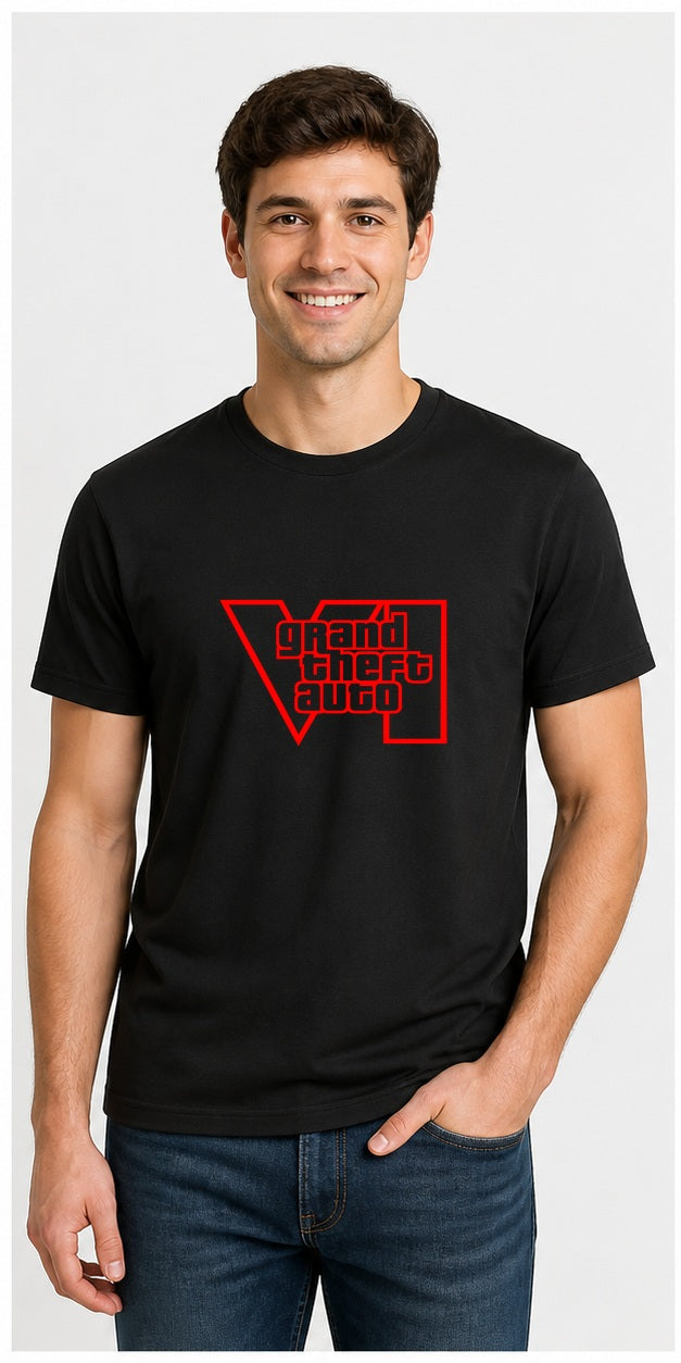 Model wearing Grand Theft Auto VI Red Outline Black T-Shirt