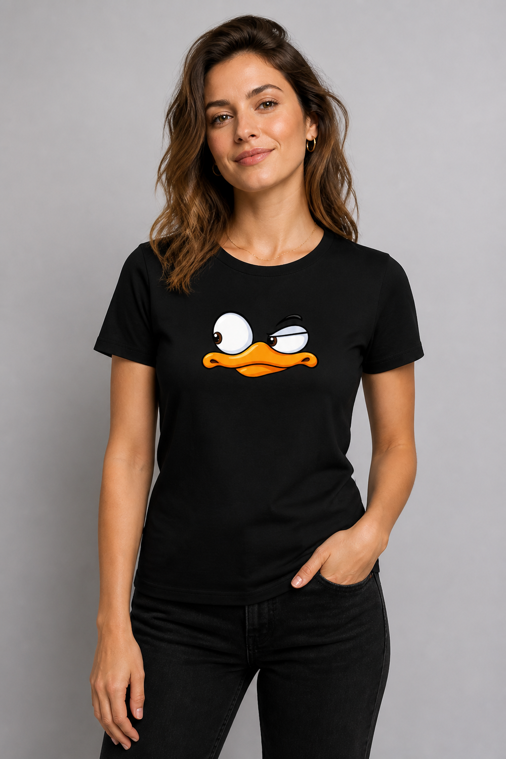 Model wearing Side-Eye Duck Face black T-shirt