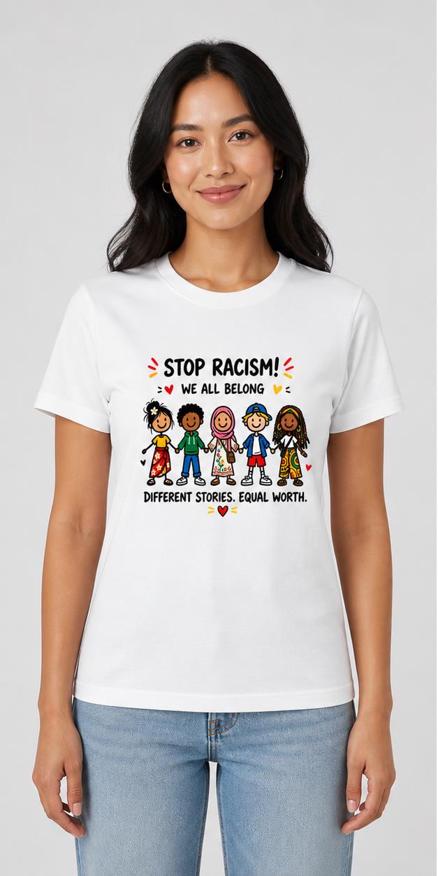 Stop Racism We All Belong White T-Shirt model front view