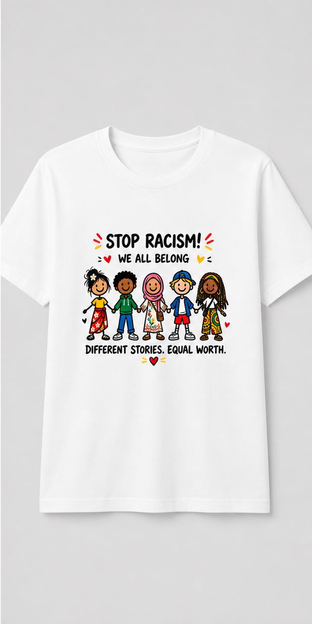 Stop Racism We All Belong White T-Shirt shirt-only front view