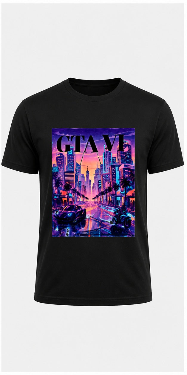 GTA VI Vice City Skyline Black T-Shirt product mockup