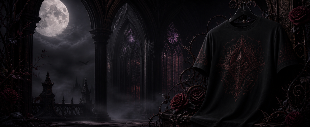 Dark Gothic cathedral and black T-shirt collection backdrop