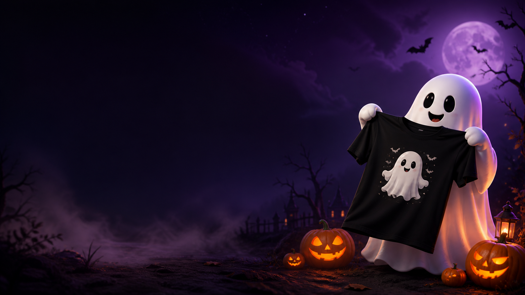 Friendly Halloween ghost holding a black ghost-print T-shirt among glowing pumpkins