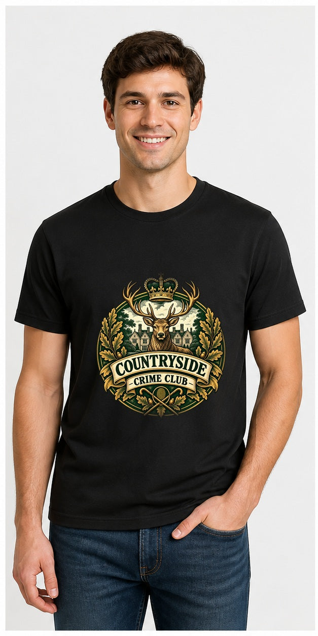 Countryside Crime Club Black T-Shirt worn by a model, corrected front print placement