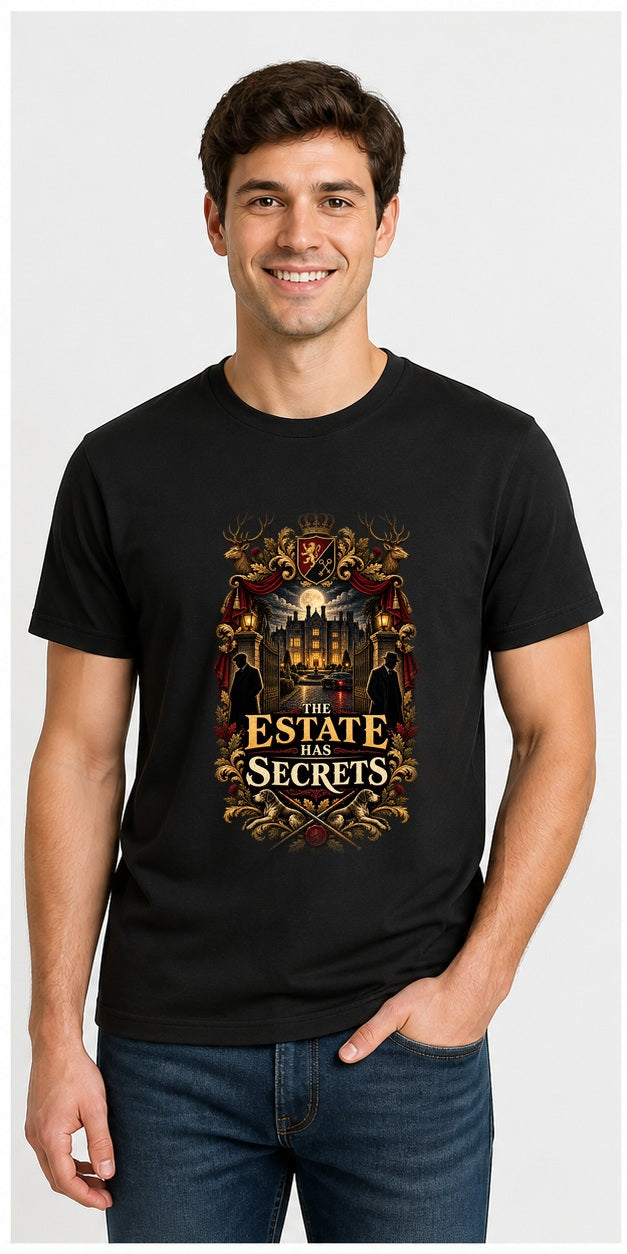 The Estate Has Secrets Black T-Shirt worn by a model, corrected front print placement
