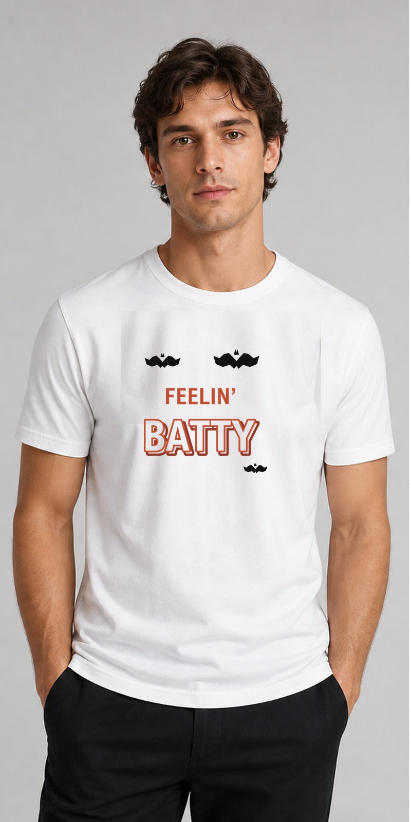 Feelin’ Batty White T-Shirt model mock-up