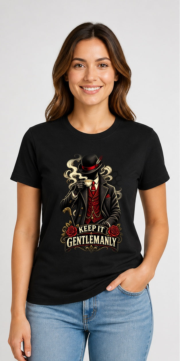Keep It Gentlemanly Black T-Shirt worn by a model, corrected front print placement