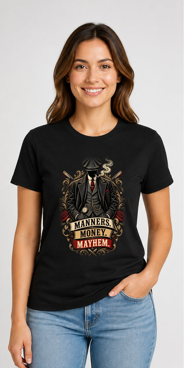 Manners Money Mayhem Black T-Shirt worn by a model, corrected front print placement