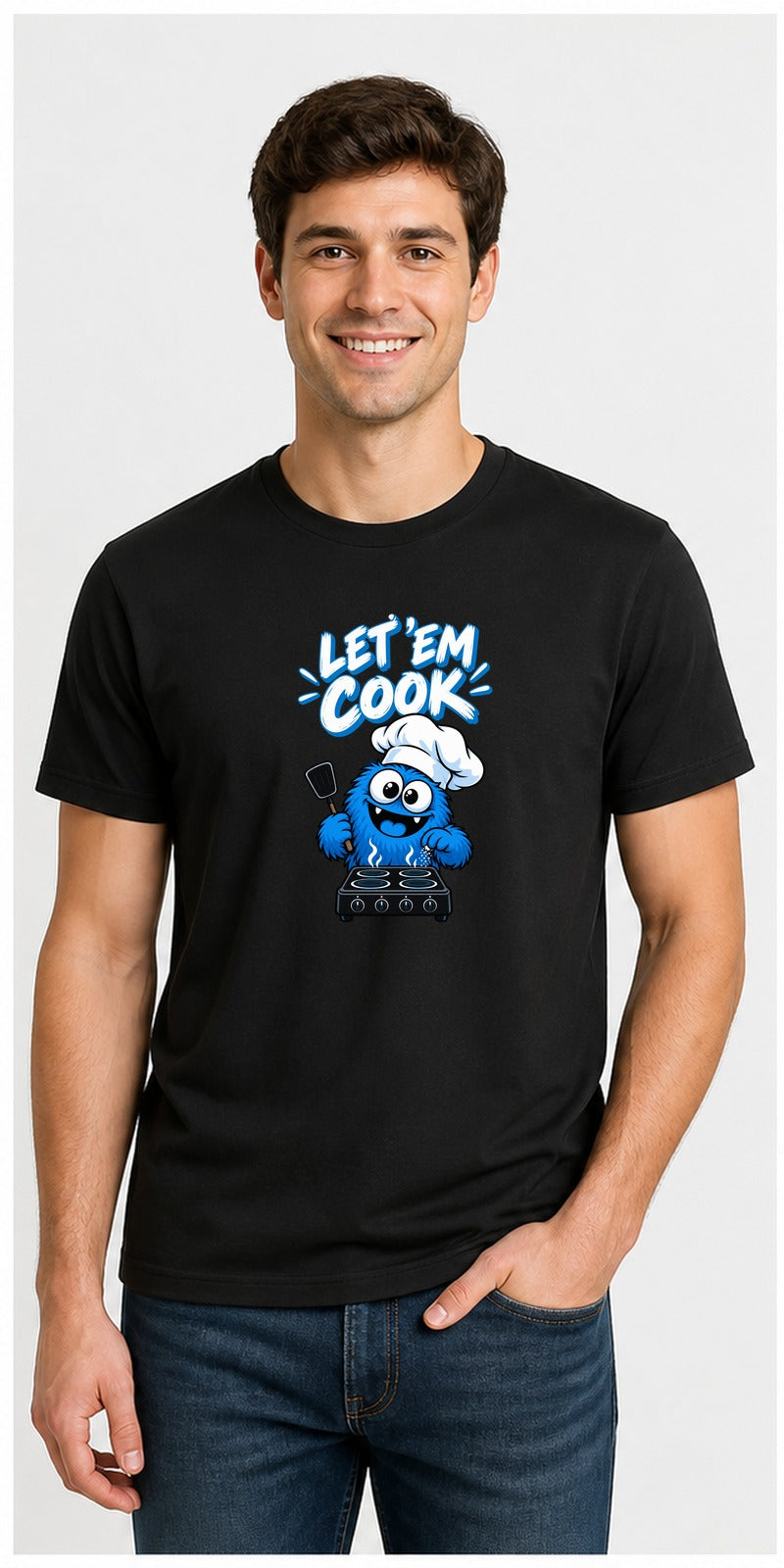 Let ’Em Cook Black T-Shirt model mock-up