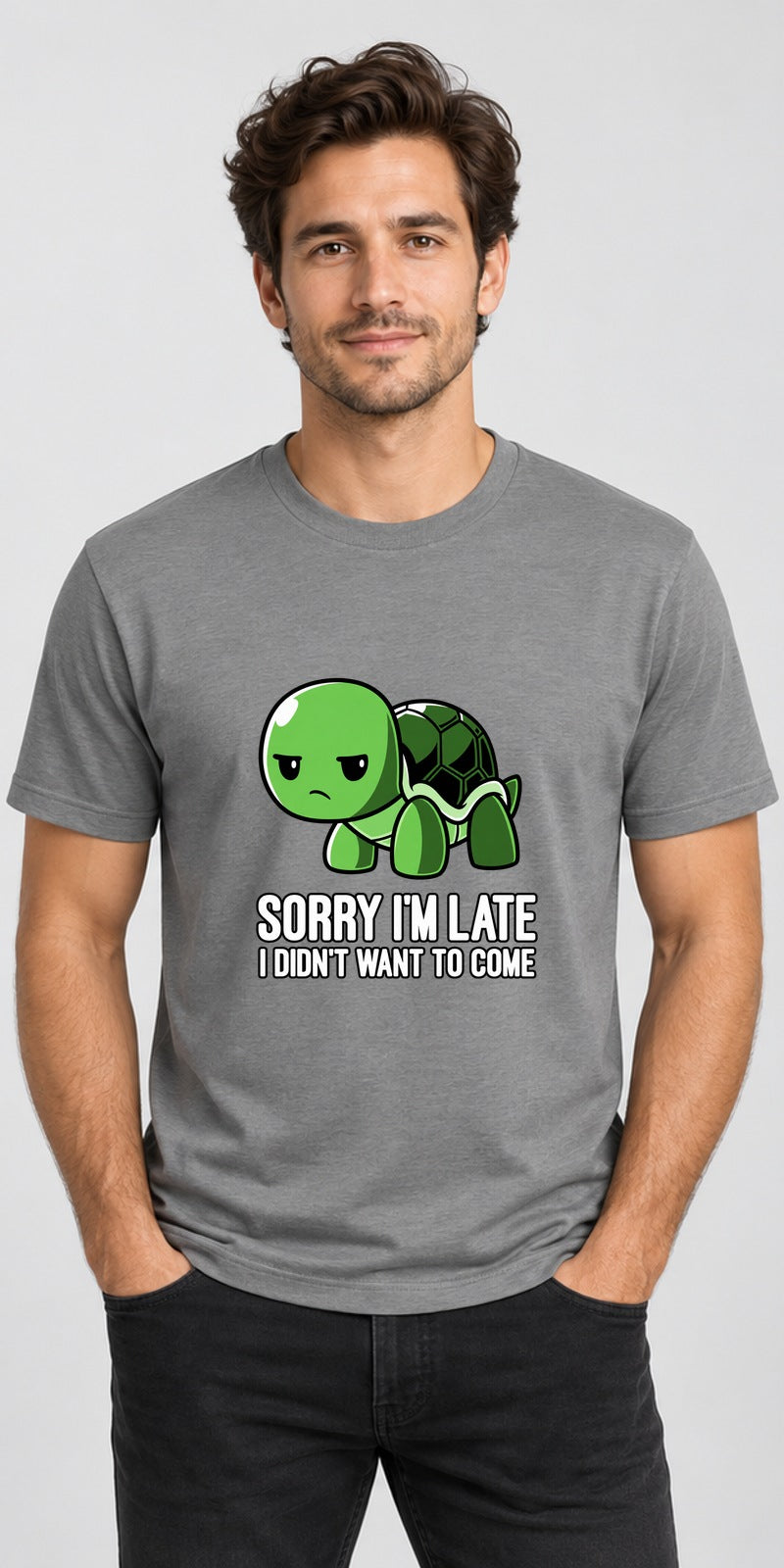 Sorry I'm Late Turtle Grey T-Shirt model mock-up