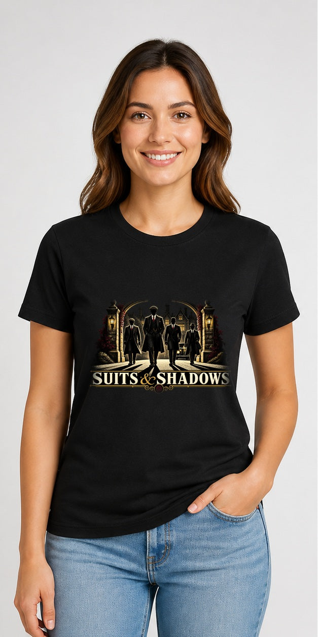 Suits And Shadows Black T-Shirt worn by a model, corrected front print placement