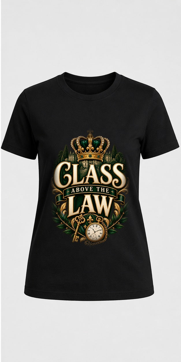 Class Above The Law Black T-Shirt standalone mockup, matching corrected front print placement