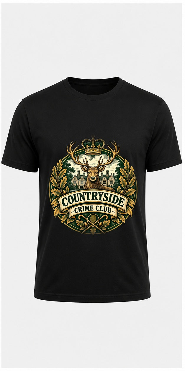Countryside Crime Club Black T-Shirt standalone mockup, matching corrected front print placement