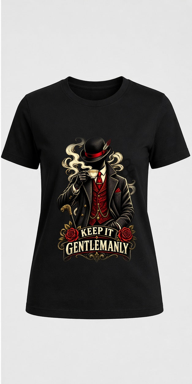 Keep It Gentlemanly Black T-Shirt standalone mockup, matching corrected front print placement
