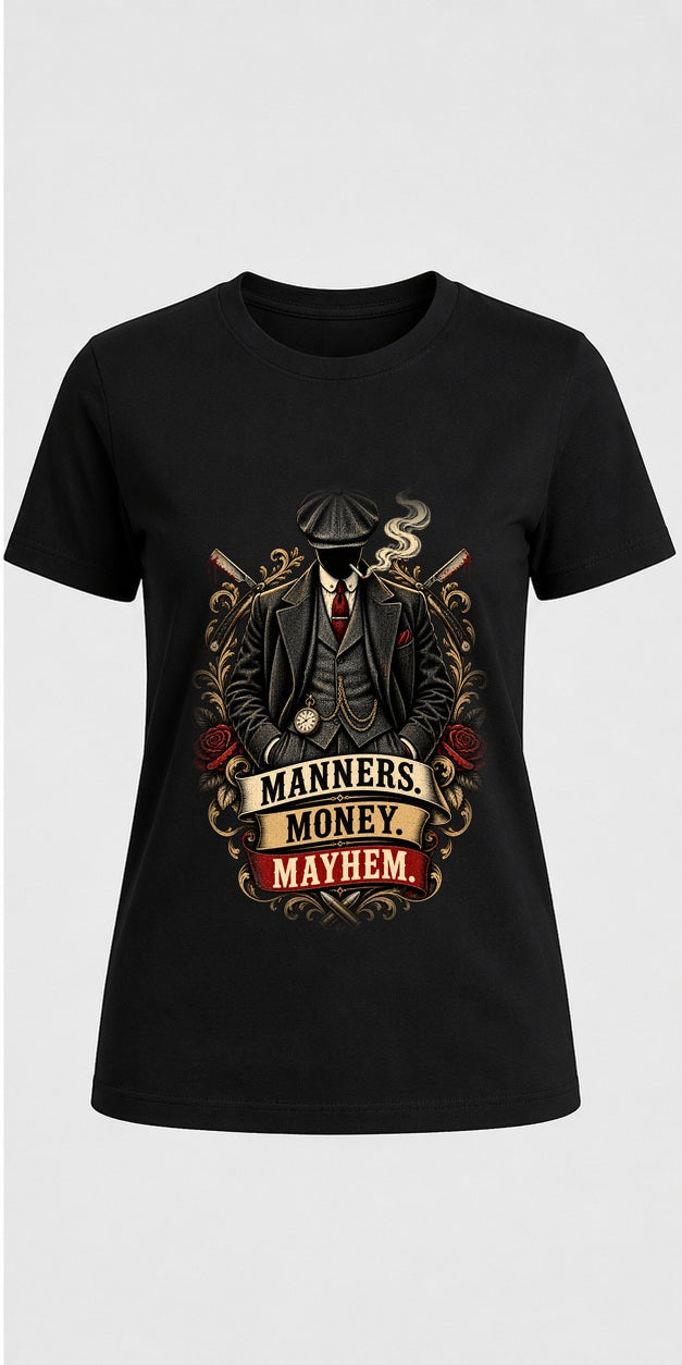 Manners Money Mayhem Black T-Shirt standalone mockup, matching corrected front print placement