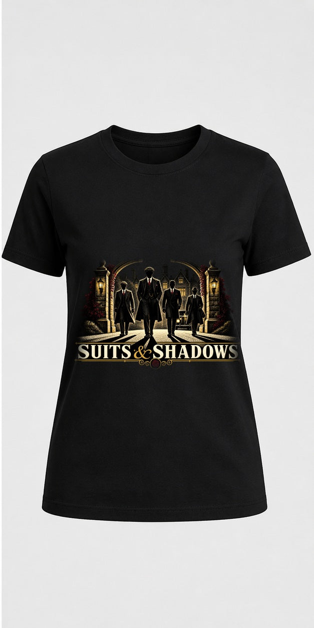 Suits And Shadows Black T-Shirt standalone mockup, matching corrected front print placement