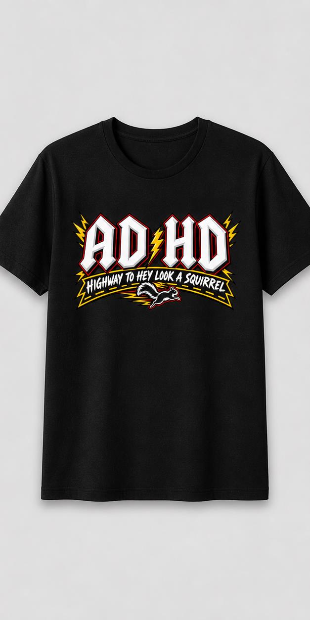 ADHD Squirrel Black T-Shirt shirt front