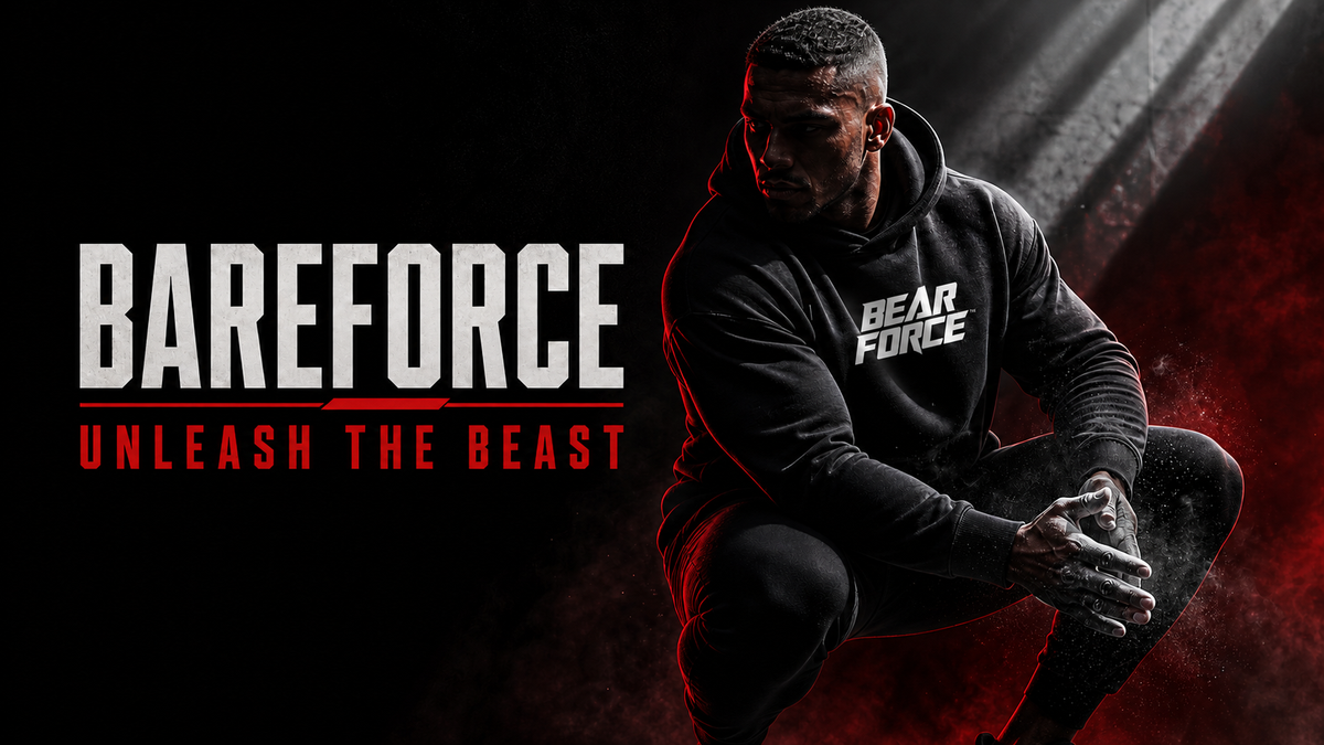 BEAR FORCE campaign model wearing a black hoodie with the BEAR FORCE chest logo