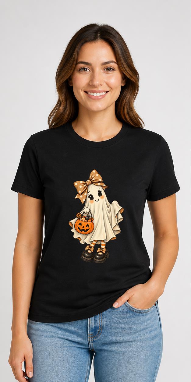 Cute Bow Ghost Halloween Black T-Shirt model front