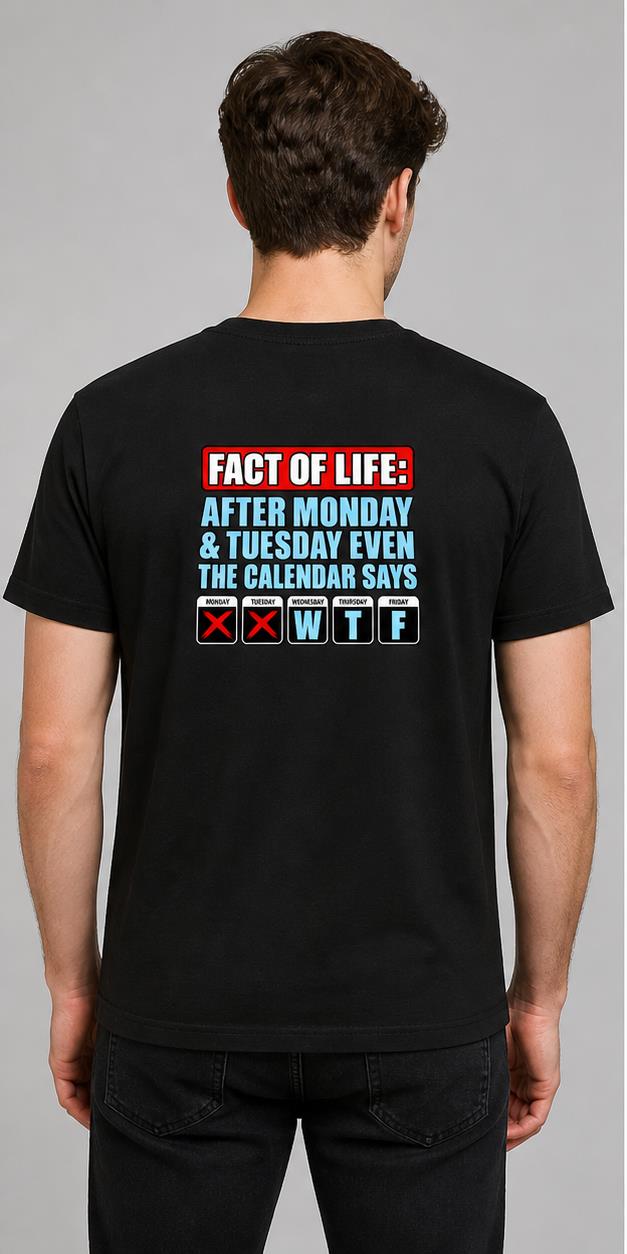 Fact Of Life Calendar Black T-Shirt model back view
