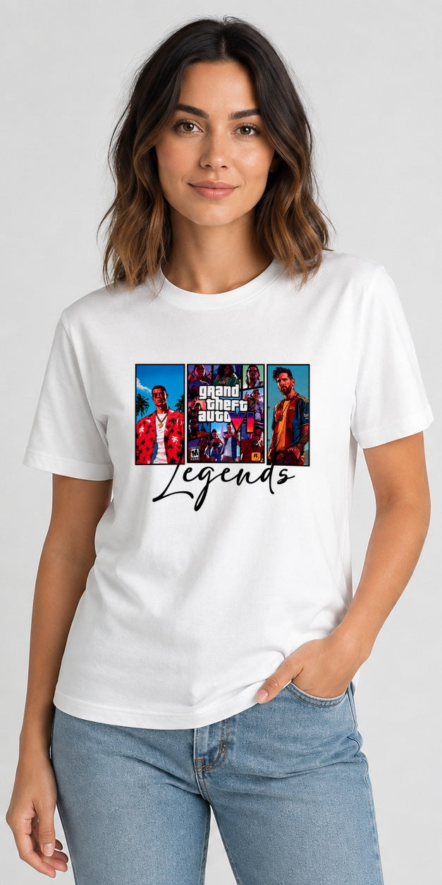 Model wearing Grand Theft Auto Gaming Legends White T-Shirt