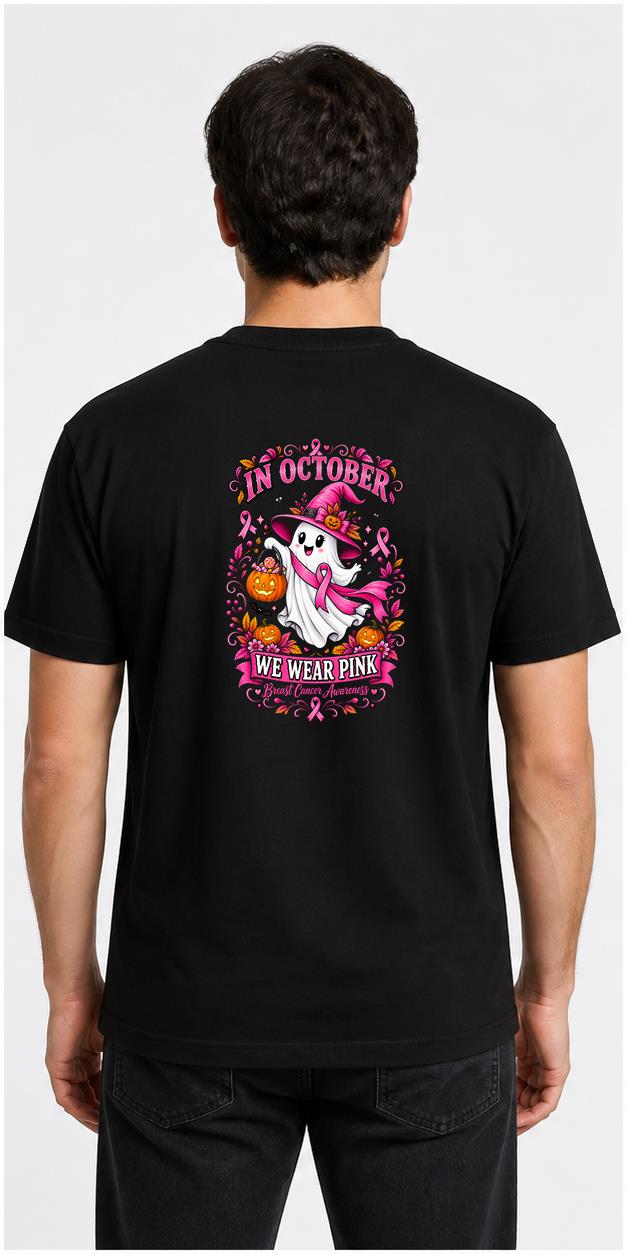 In October We Wear Pink Halloween black T-shirt model back