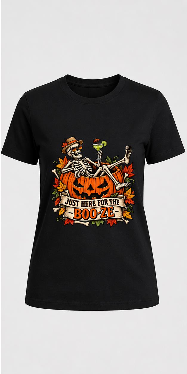 Just Here For The Boo-ze Halloween Black T-Shirt front