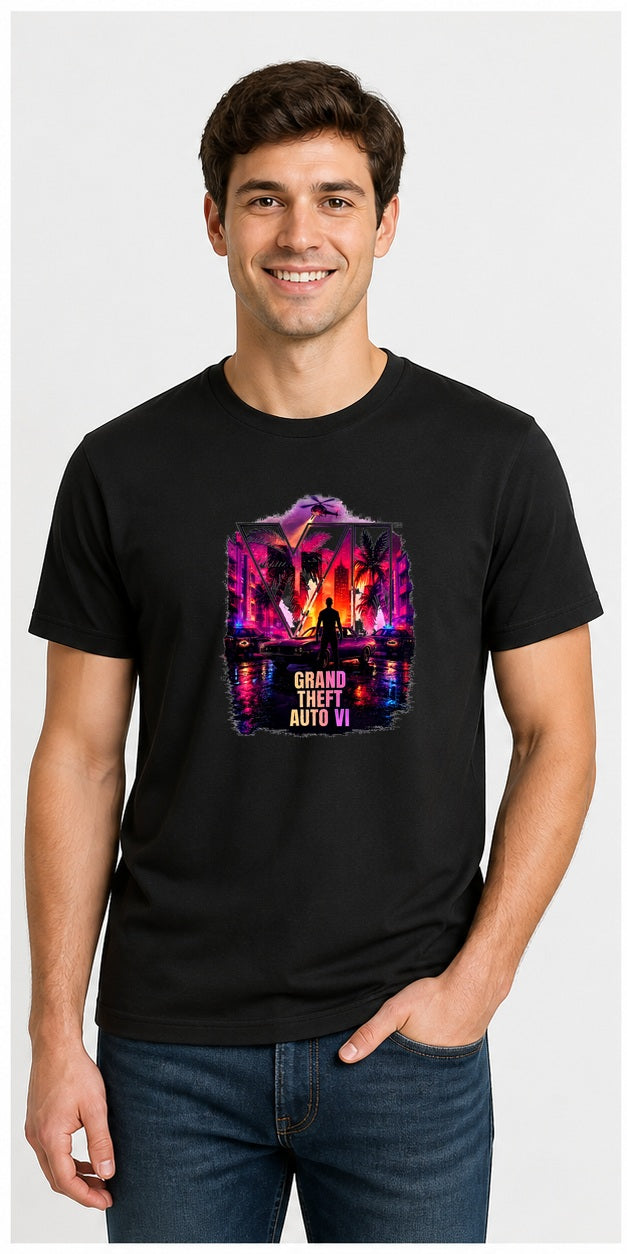 Model wearing Grand Theft Auto VI Neon City Black T-Shirt – blended artwork