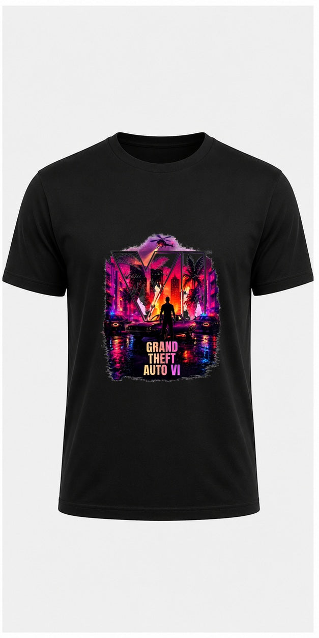 Grand Theft Auto VI Neon City Black T-Shirt – blended artwork