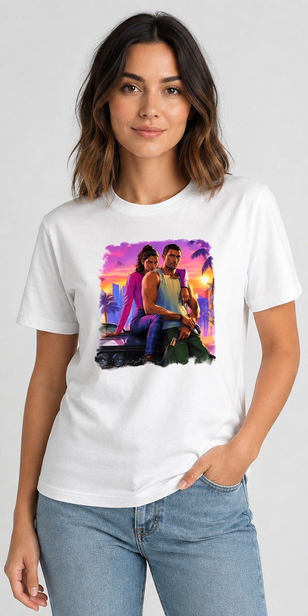 Model wearing Vice City Neon Duo White T-Shirt