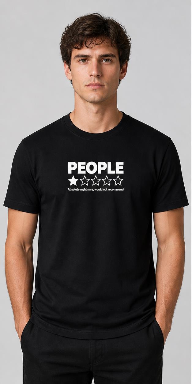 Model wearing People One Star Review black T-shirt