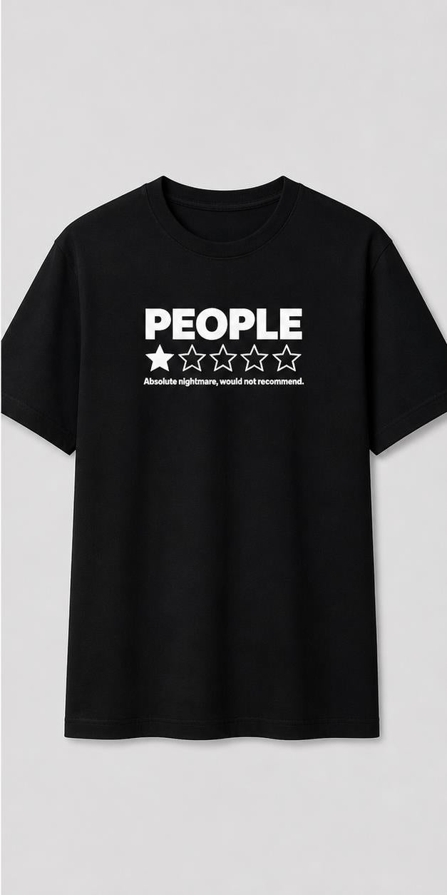 People One Star Review black T-shirt front mockup