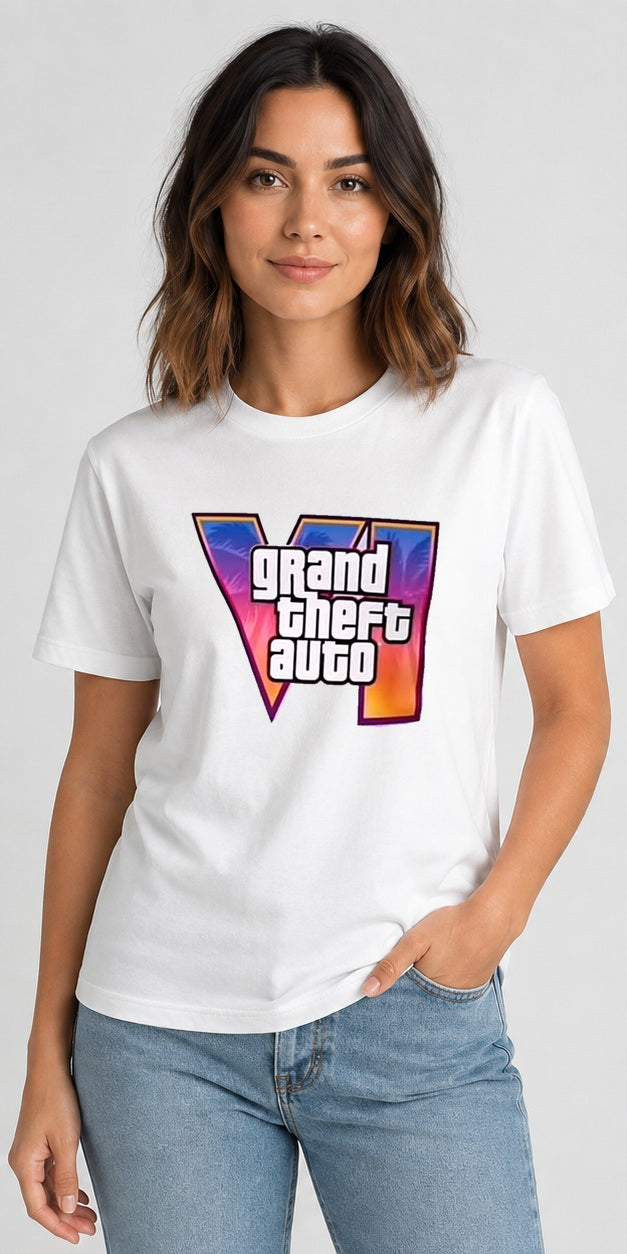 Model wearing Grand Theft Auto VI Sunset Logo White T-Shirt