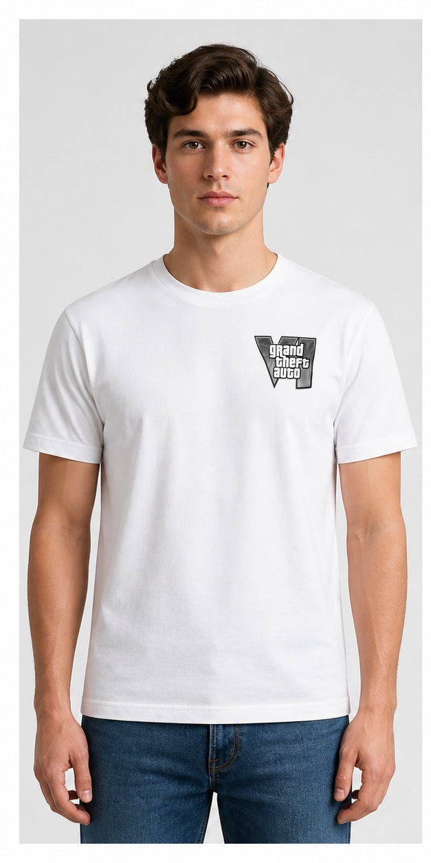 Model wearing Grand Theft Auto VI Pocket Logo White T-Shirt – revised smaller chest logo