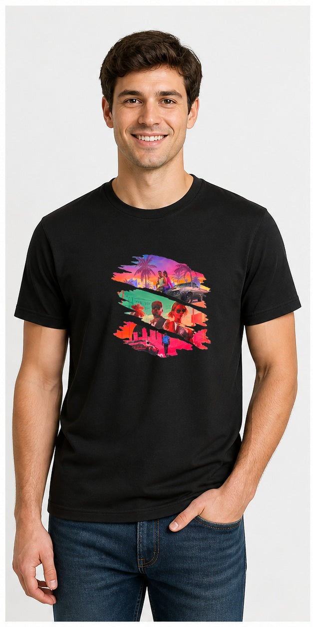 Model wearing GTA VI Vice City Brush Scene Black T-Shirt