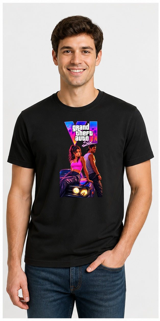 Model wearing Grand Theft Auto VI Vice City Duo Black T-Shirt – front print